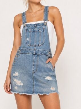 Aeropostale Distressed Denim Overall Mini Dress overalls Size Small Y2k
